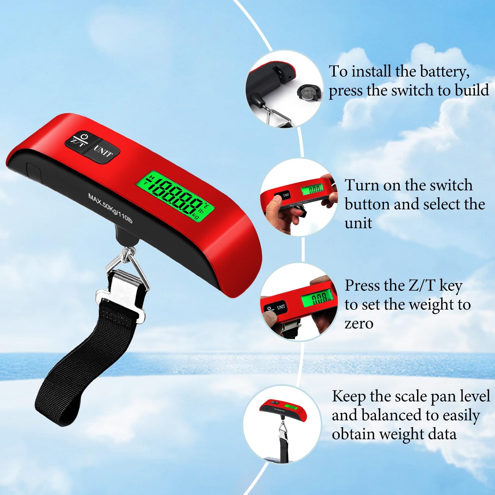 Luggage Scale 110 Lbs Weight 4 Unit Switching LCD Display Travel Digital Red