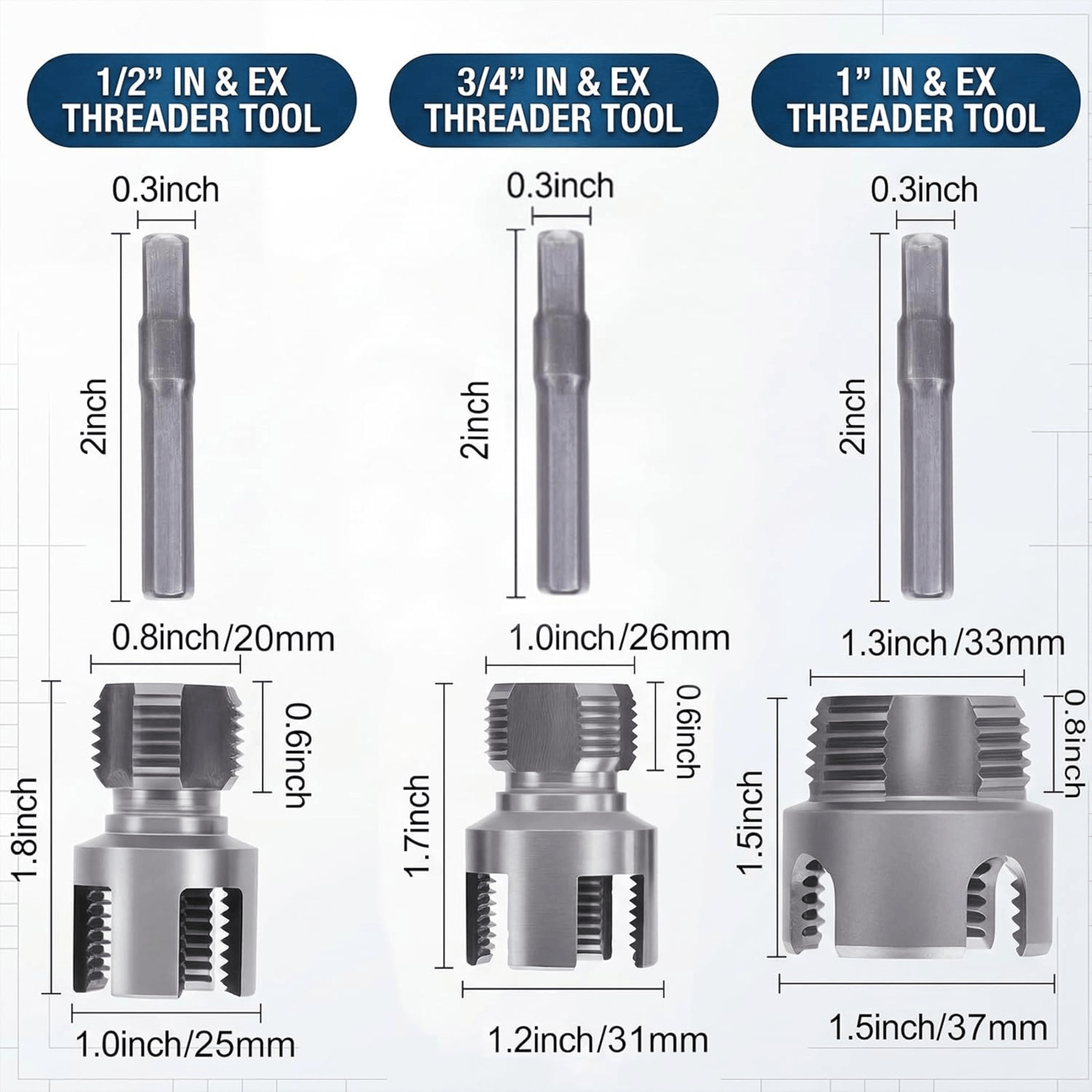3PCS PVC Pipe Threader Kit Internal External 1/2 3/4 1 Inch Drill Tool