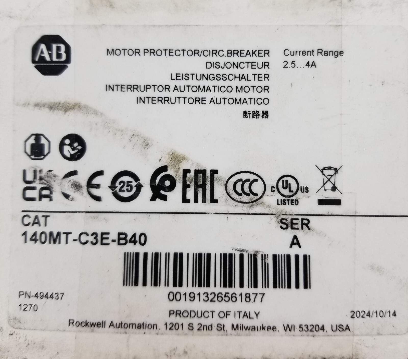 Allen-Bradley 140MT-C3E-B40 Motor Protection Circuit Breaker 2.5-4Amp NEW