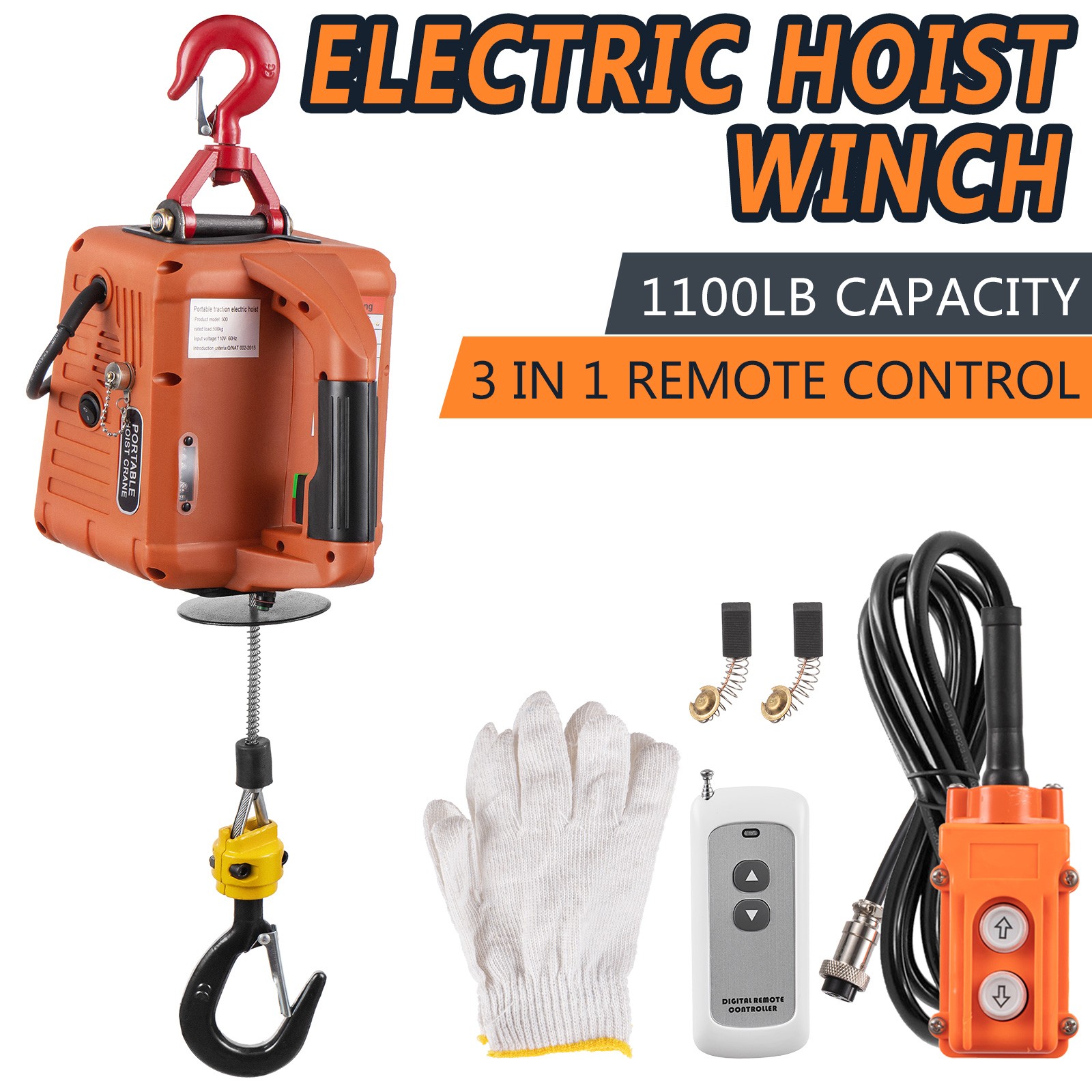 3 in 1 Portable Electric Hoist Winch 1100lbs Wired/Wireless Remote Control Crane