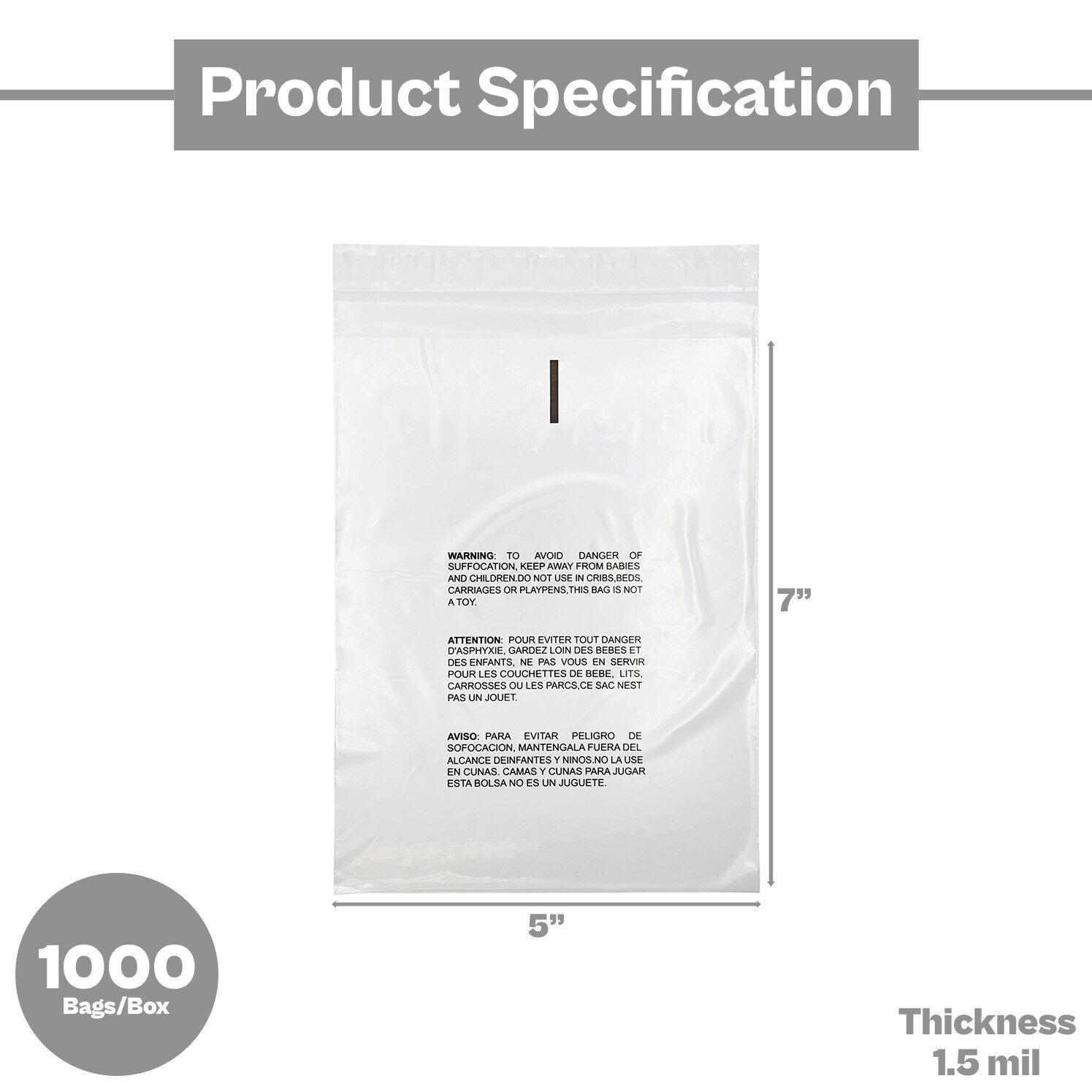 Clear Resealable Poly Bags 5″ x 7″ with Suffocation Warning 1.5 Mil 1000 Pieces