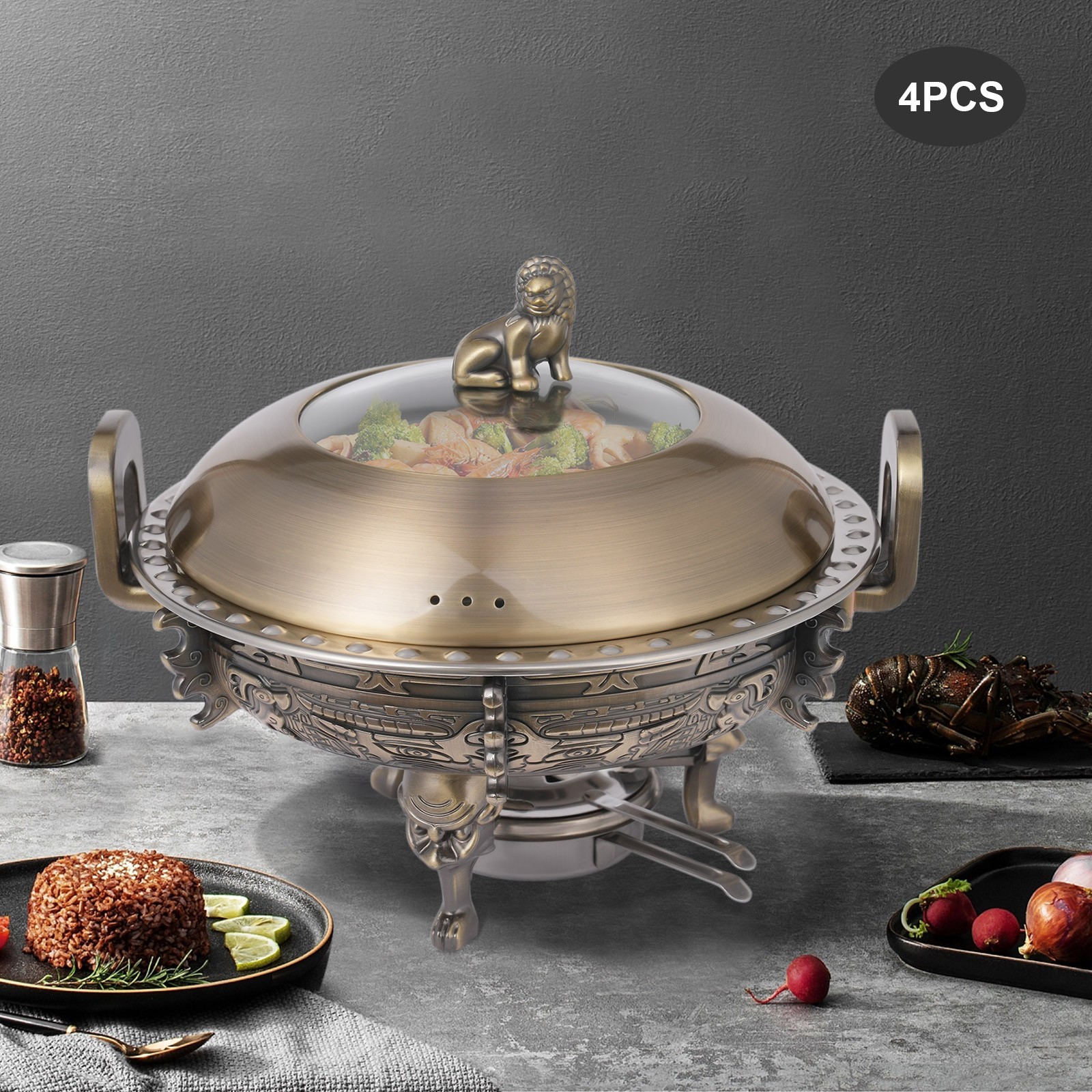 4 PCS Bronze Chinese Style Chafing Dishes Set with Alcohol Stoves Buffet