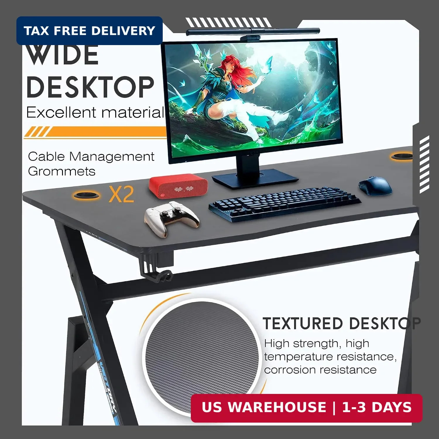 47″ Gaming Table | Blue | R-Shaped Computer Desk | with Steel Frame, Headphone H