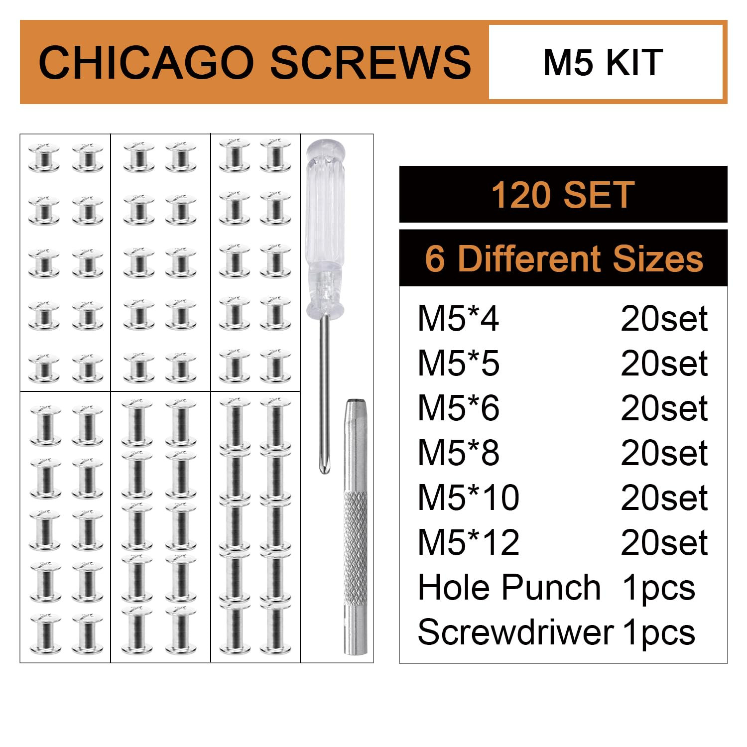 120Sets Chicago Screws, 6 Sizes Leather Rivets Assorted Kit, Chicago Screws Rive
