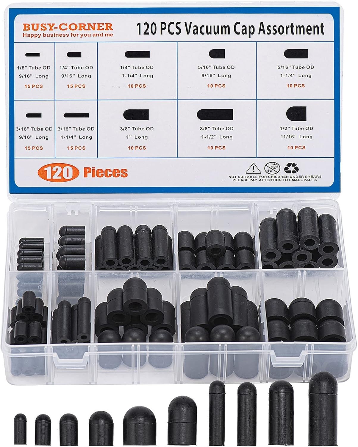 120 Pieces Rubber Vacuum Cap Assortment 10 Sizes Tube OD from 1/8″ to 1/2″ Sizes