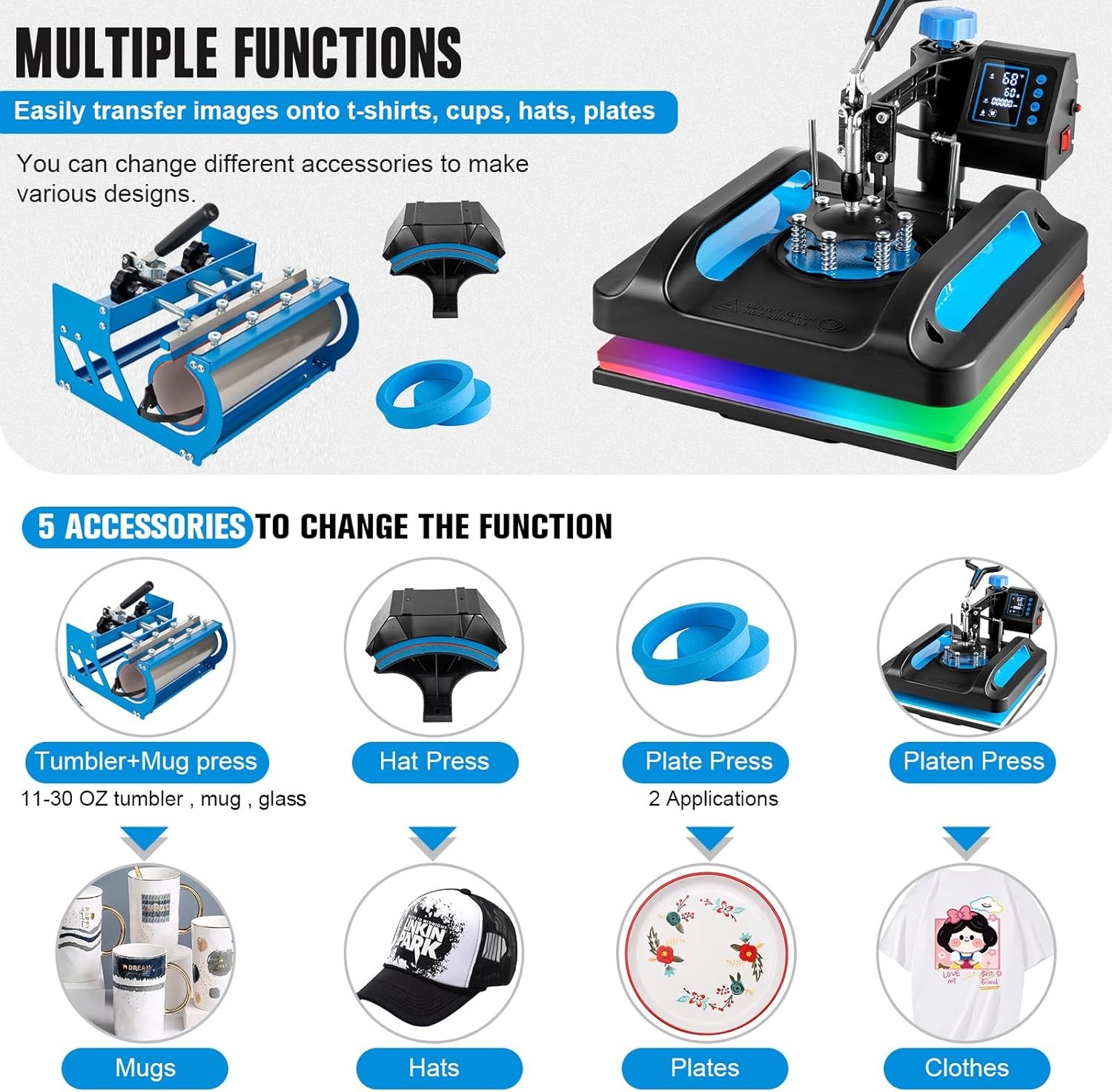 15″x15″ 5 in 1 Heat Press Machine T-Shirt Sublimation Printing with 30OZ Tumbler