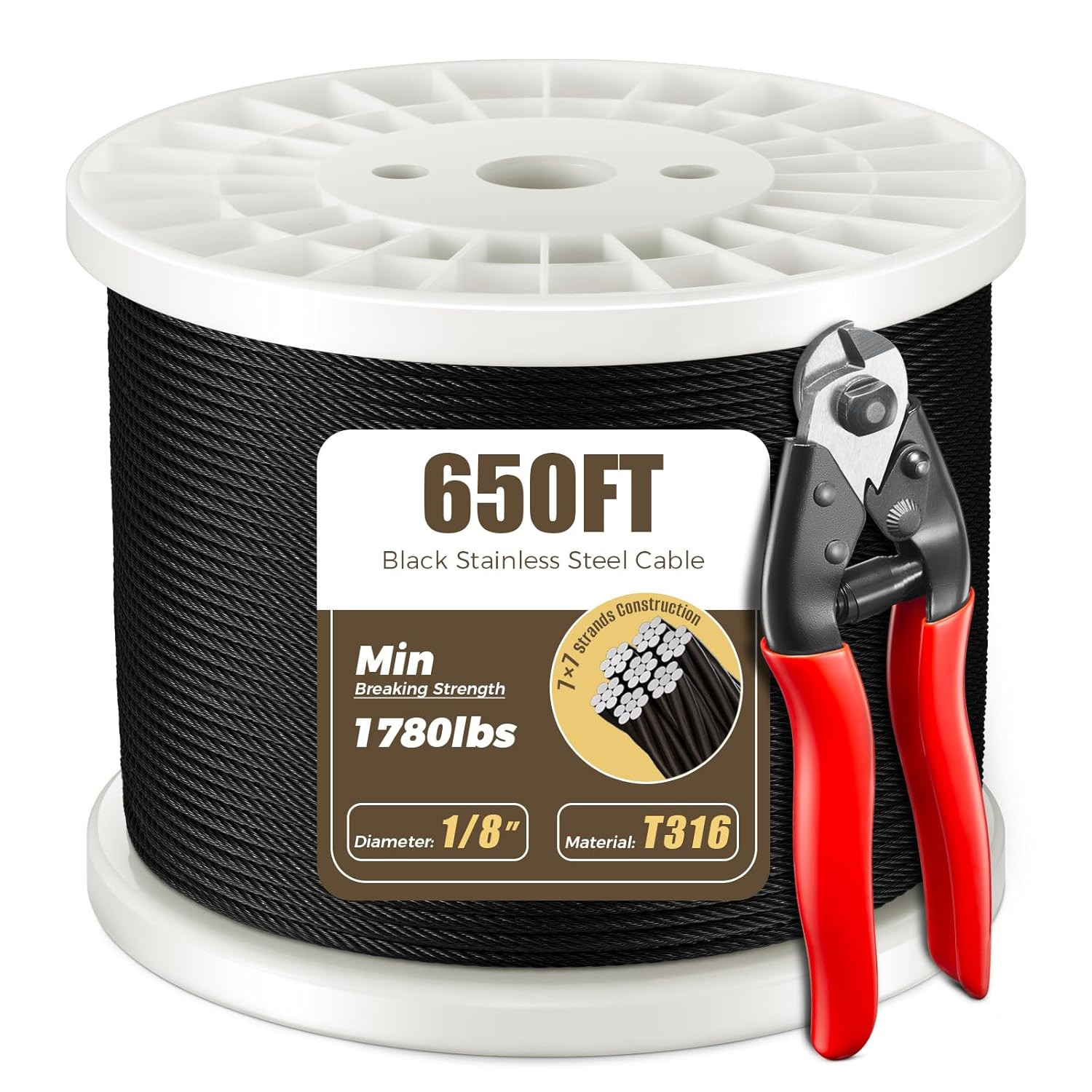 650FT 1/8″ T316 Black Stainless Steel Cable, Black Wire Rope Aircraft