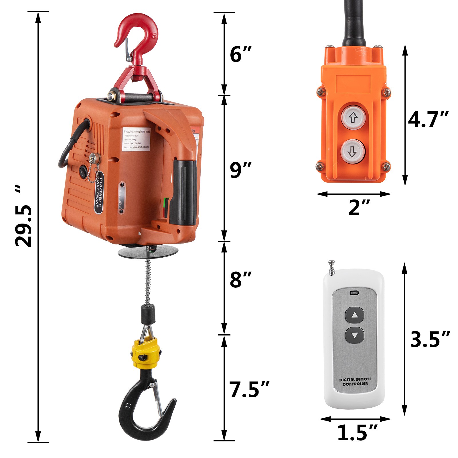 3 in 1 Portable Electric Hoist Winch 1100lbs Wired/Wireless Remote Control Crane