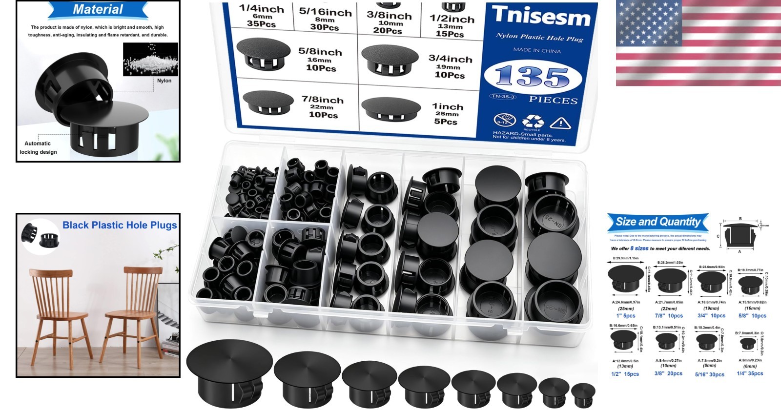 Essential 135Pcs Plastic Hole Plugs – Black, 8 Sizes for Home & Industrial Use