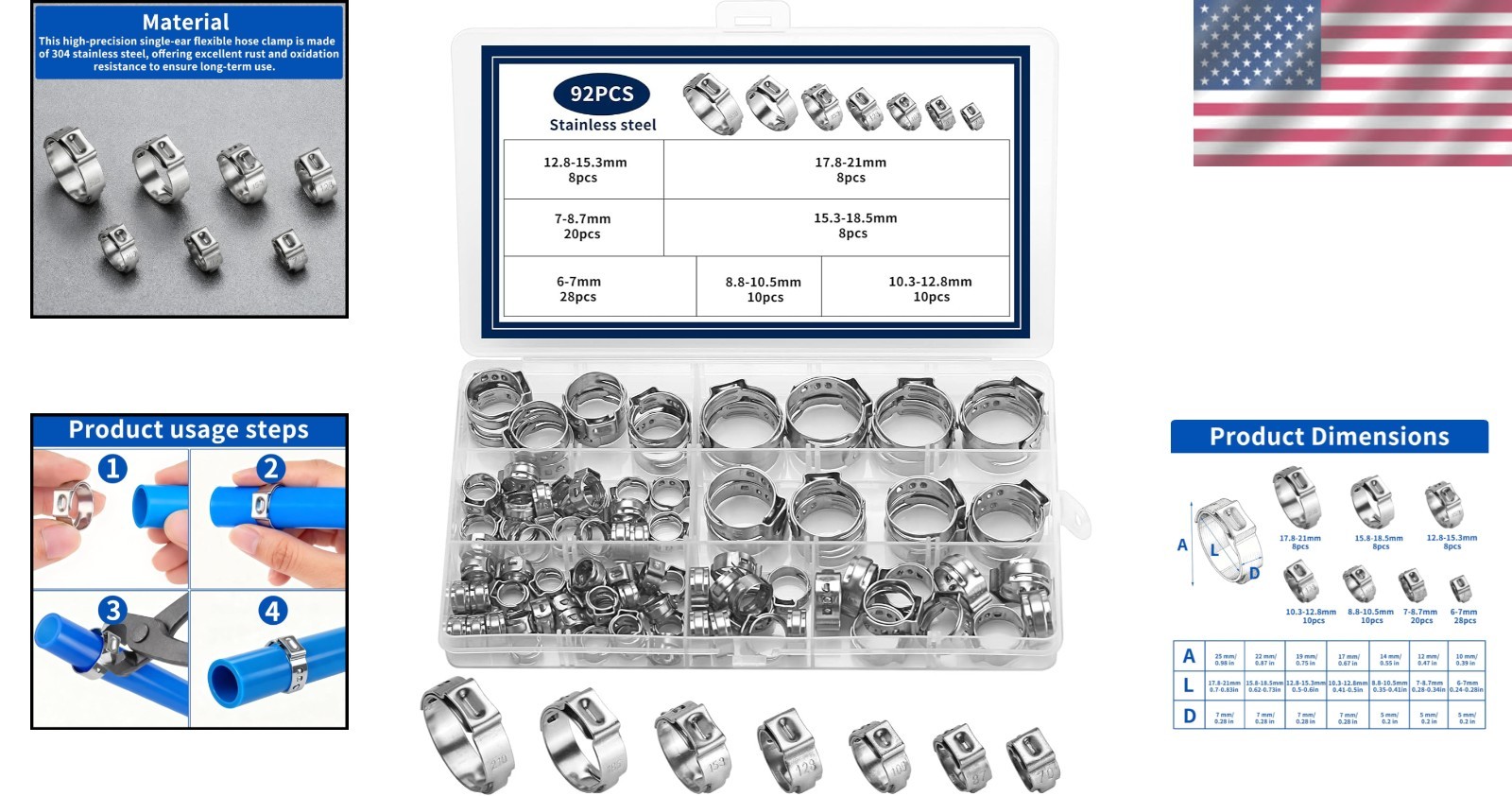 Binifimux Single Ear Hose Clamps, Oetiker Clamps, 92Pcs(6.0Mm-22.6Mm) Crimp Pipe