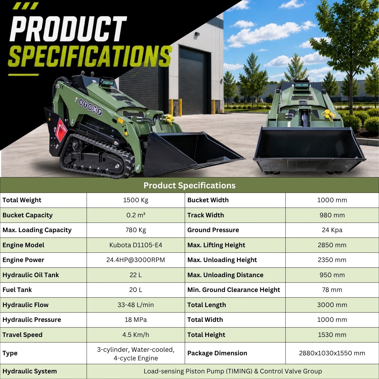 TYPHON STOMP V1000 1.5Ton Skid Steer Loader Kubota D1105 w Grapple and Bucket