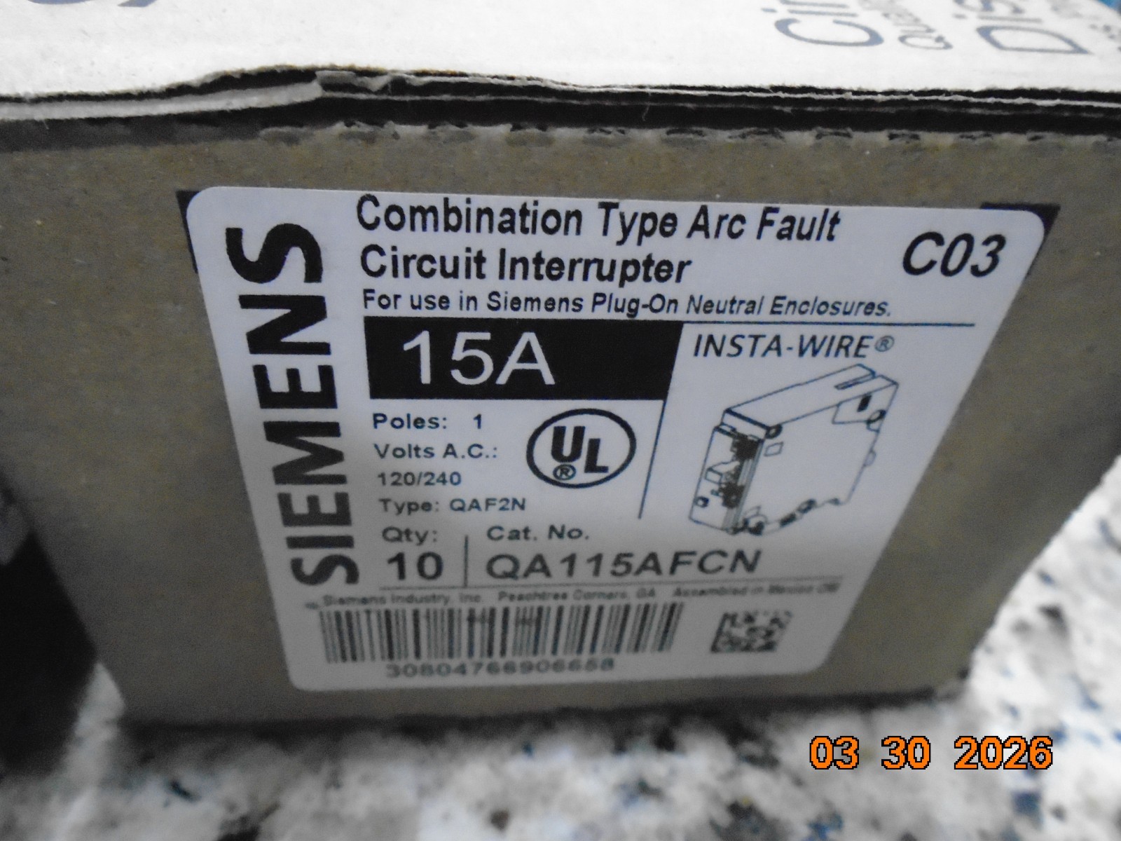 SIEMENS QA115AFCN 15AMP AFCI COMBINATION ARC FAULT 120V PLUG-ON NEUTRAL NEW