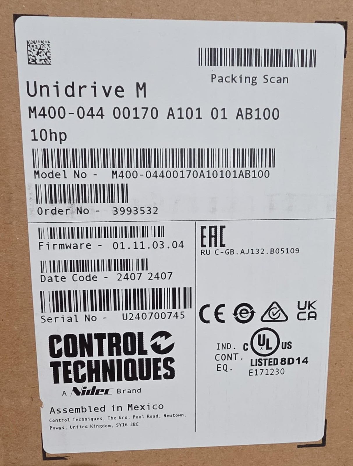 UNIDRIVE CONTROL TECHNIQUES M M400-044-00170 A101 01 AB100 10hp (NEW)