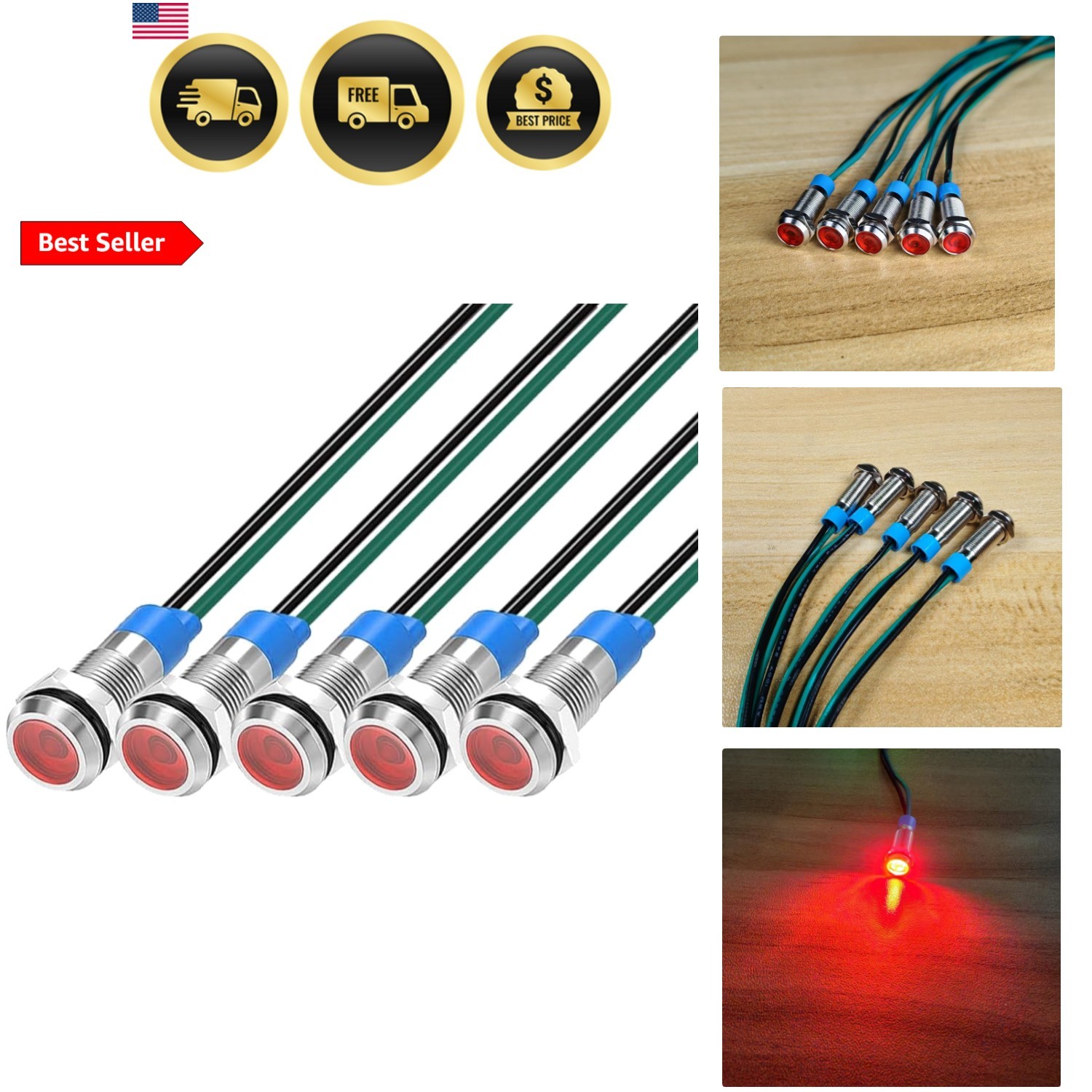 6mm 3V-4.5V-5V-6V-7.5V-9VDC Waterproof Signal Lamp with Wire, LED Metal Indic…
