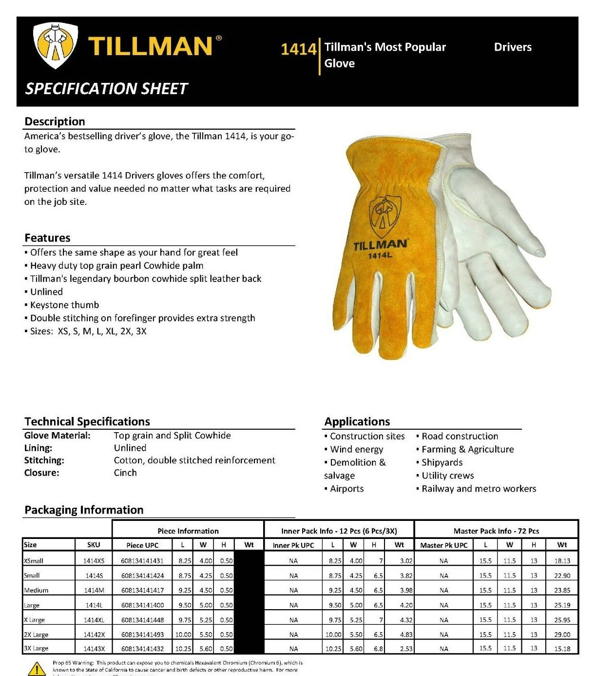 2- Tillman 1414 Grain Pearl Cowhide Split Leather Drivers Protective Work Gloves