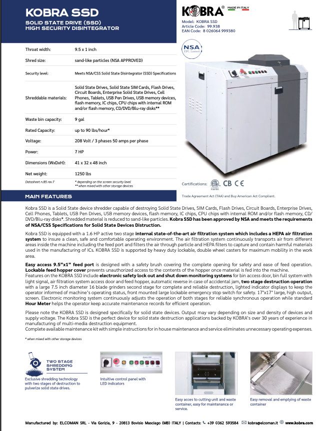 SOLID STATE DRIVE (SSD) HIGH SECURITY DISINTEGRATOR