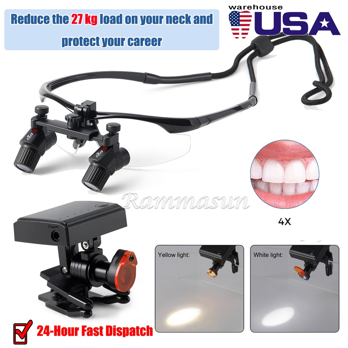4.0 X Dental Ergo Loupes Medical Surgical Magnifier Binocular 5W LED Head Light