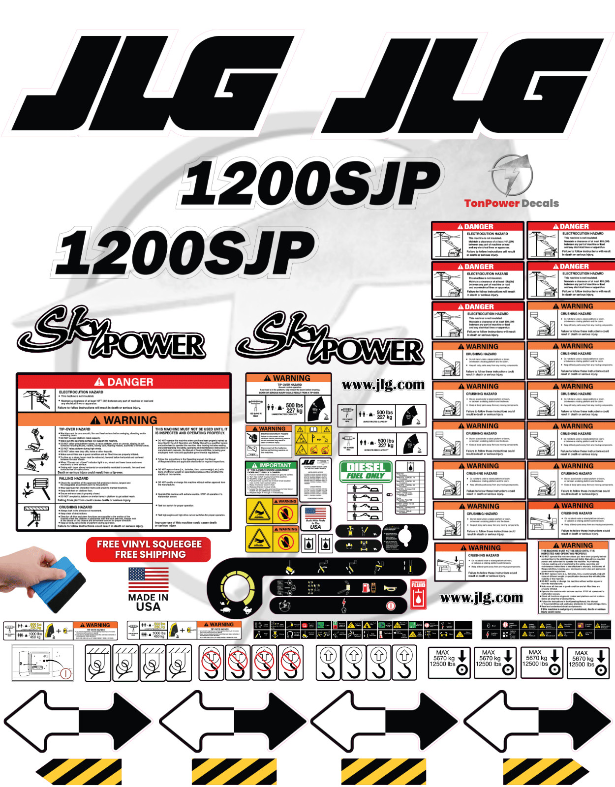 Fits JLG 1200SJP Boom Lift Decal Kit – 3M Vinyl – Free Shipping