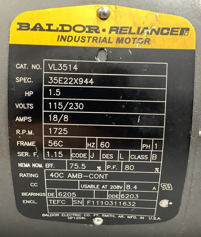 Baldor-Reliance VL3514 Industrial AC Motor 1.5HP 1725RPM 1-Ph (R109)