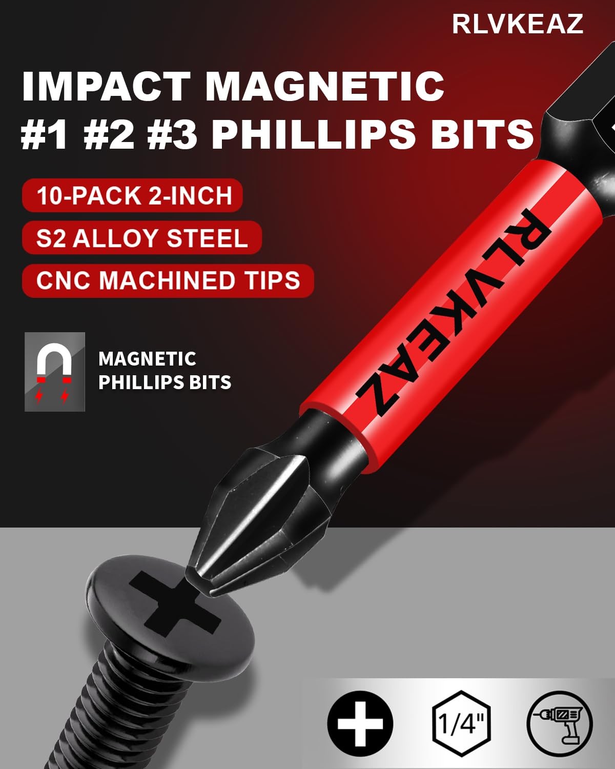 10-Pack Phillips Bits #1#2#3 Impact phillips bits 10pcs, Black