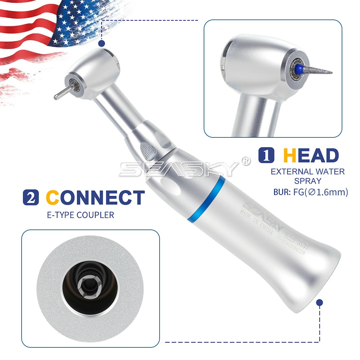 SEASKY Dental Low Speed Contra Angle Handpiece Push Button Fit FG 1.6mm Bur PAG
