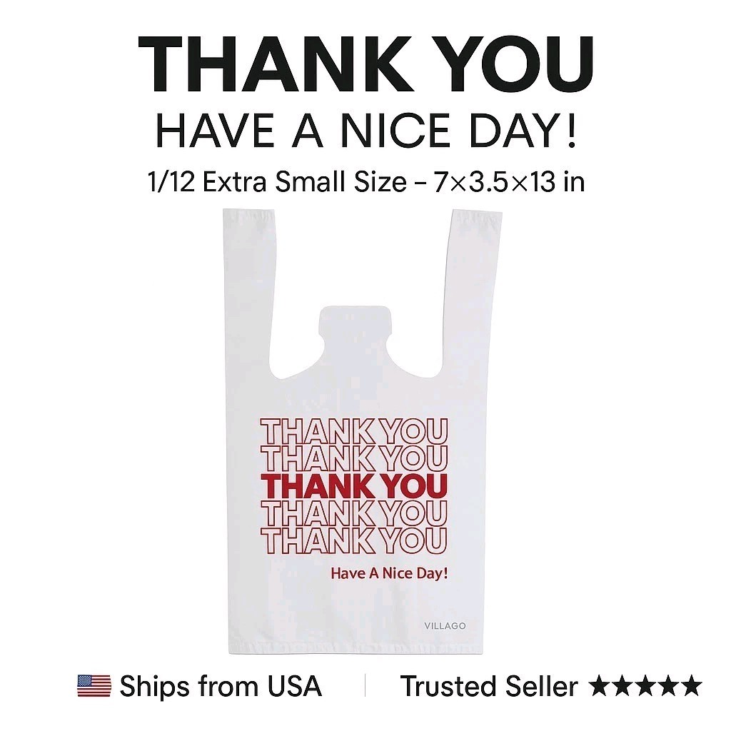 Bags 1/12 Extra Small 7×3.5×13 THANK YOU T-Shirt Plastic Grocery Shopping Bags