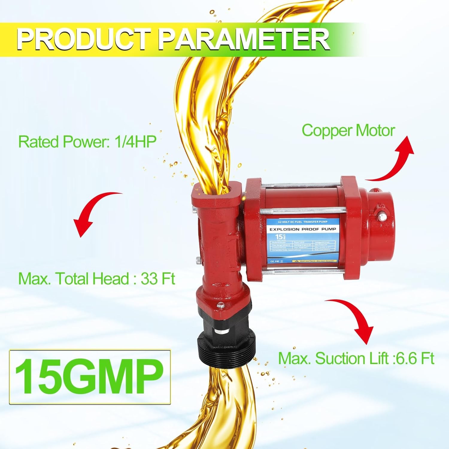12V DC fuel transfer pump Red w/ Nozzle Kit for Gasoline Diesel 15GPM