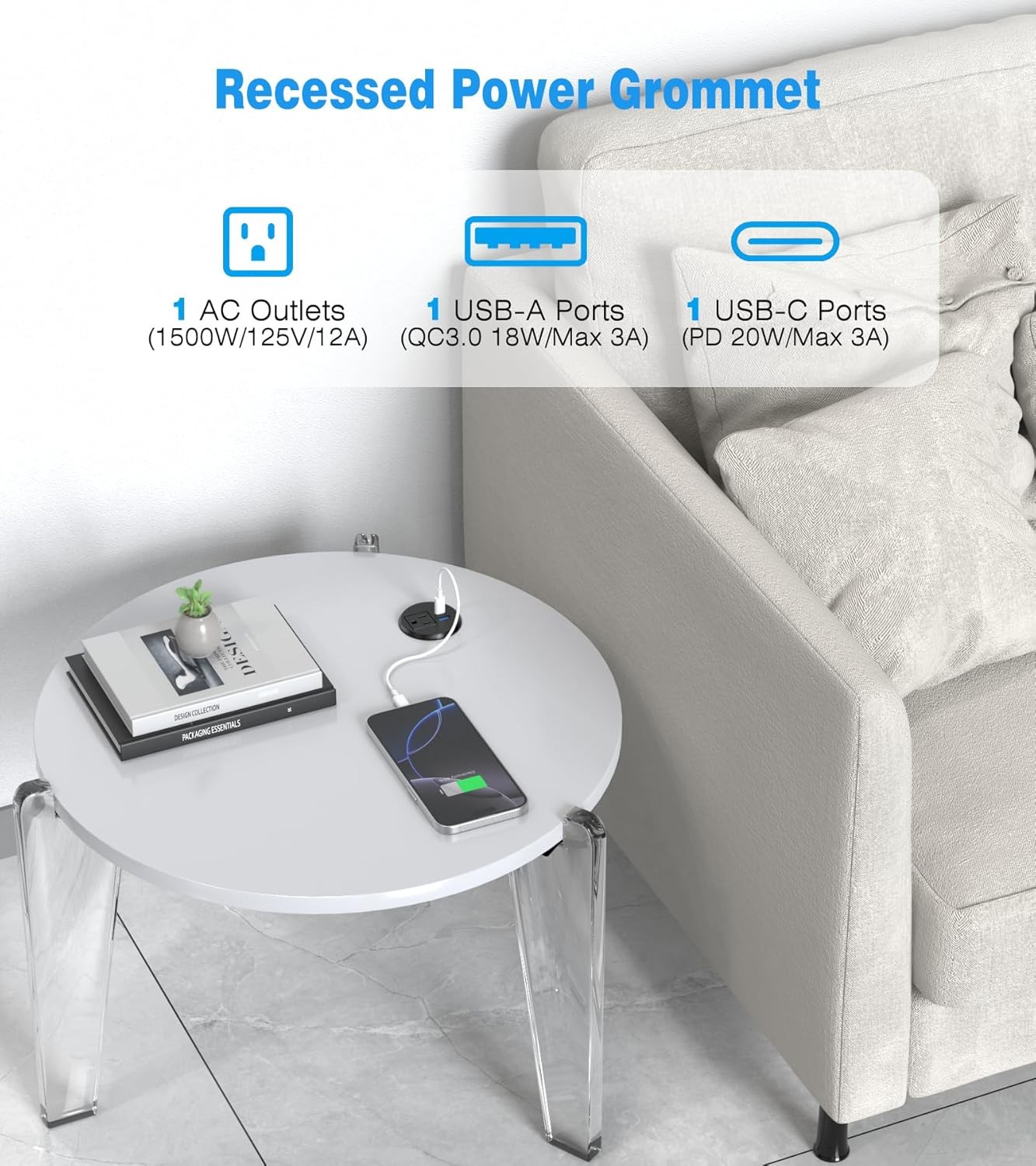 2 inch Desk Power Grommet Outlet, Recessed Outlet with 20W USB-C, Black