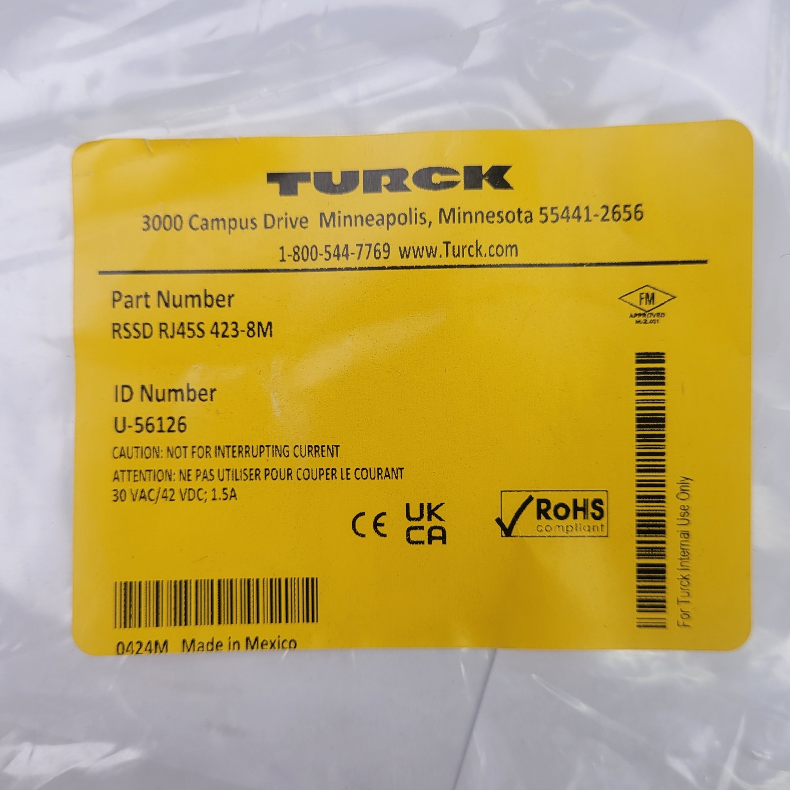 Turck RSSD RJ45S 423-8M Network Hybrid, 4 Pin Male, U-56126 – NEW