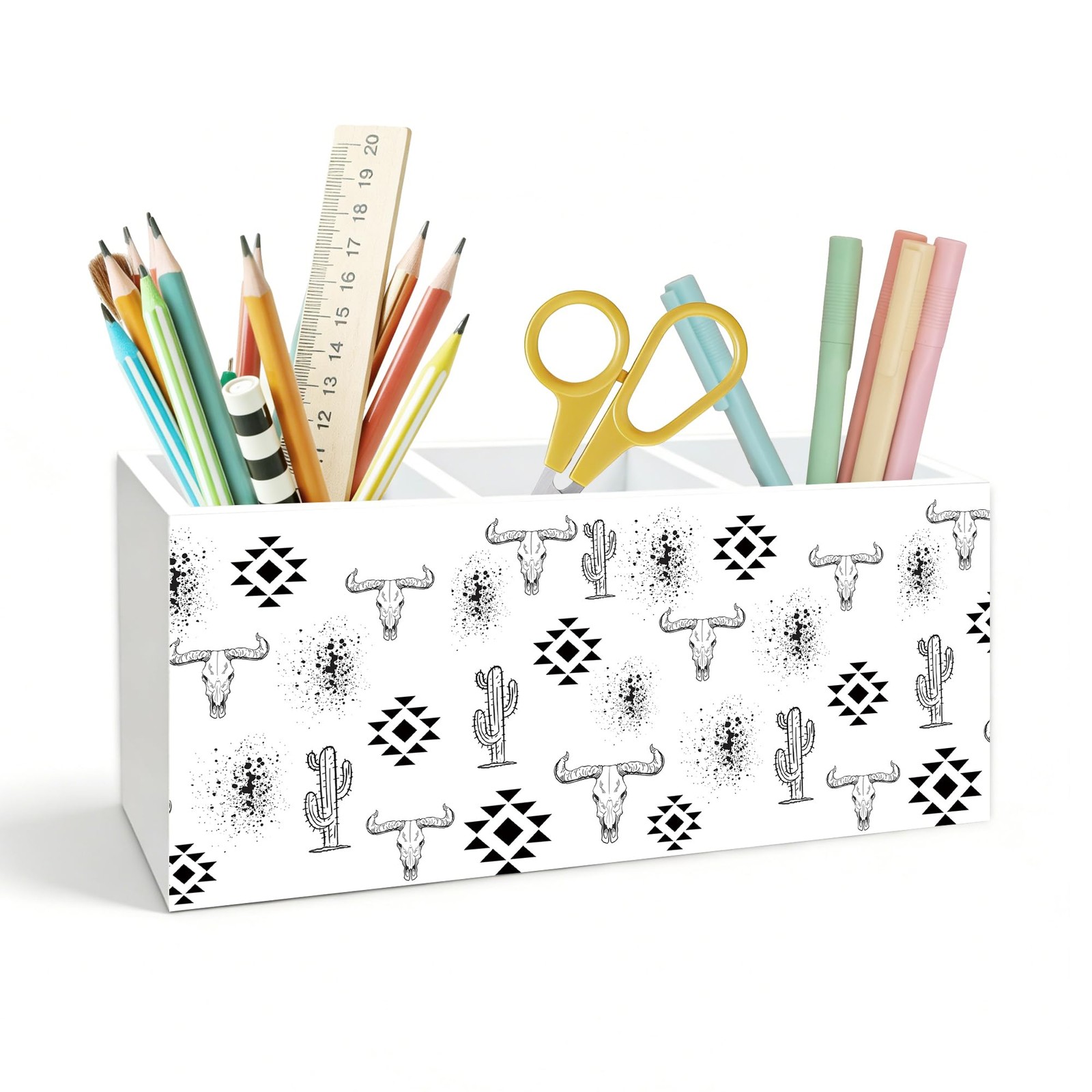 Western Desk Pen Holder, Western Office Decor, Boho Aztec Bull Skull Cactus W…