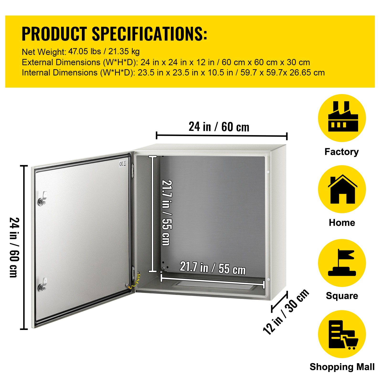 VEVOR Steel Electrical Box Electrical Enclosure Box 24x24x12” Carbon Steel IP65