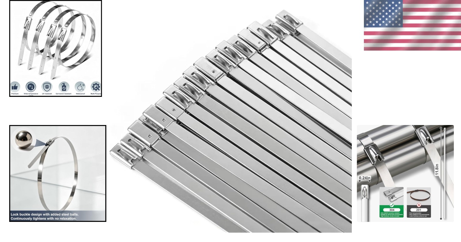 Metal Zip Ties 11.8 Inch 50 Pack Stainless Steel Heavy Duty Self-Locking for …