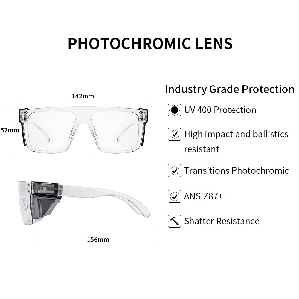 UV400Transition Photochromic Safety Glases Light to Dark Grey Lenses ANSI Z87…