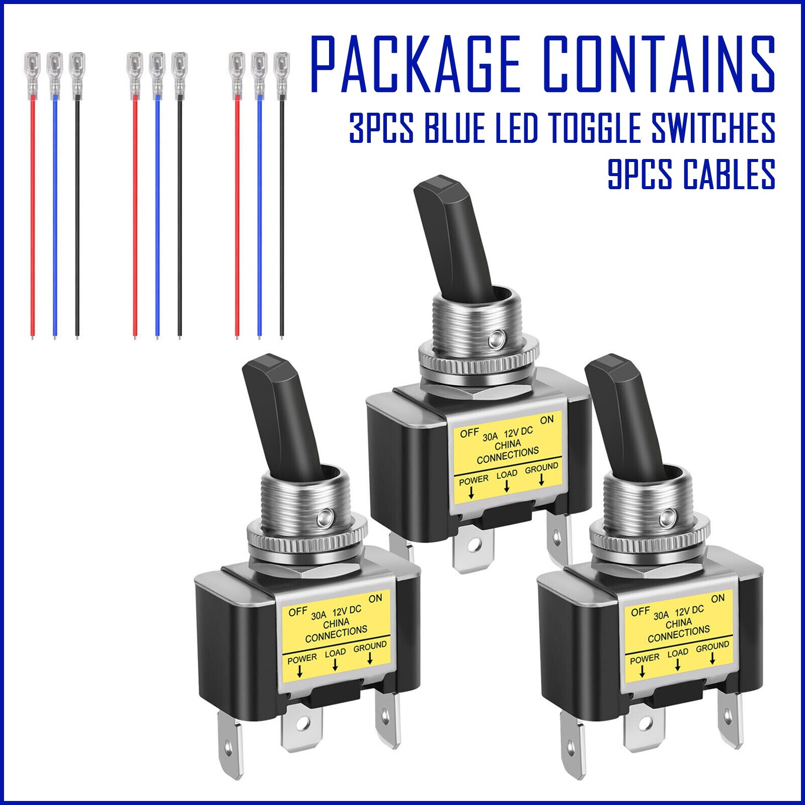 3Pcs 12V 30A Blue LED Light Toggle Rocker ON/OFF Switch 3Pin Marine Car Boat ATV