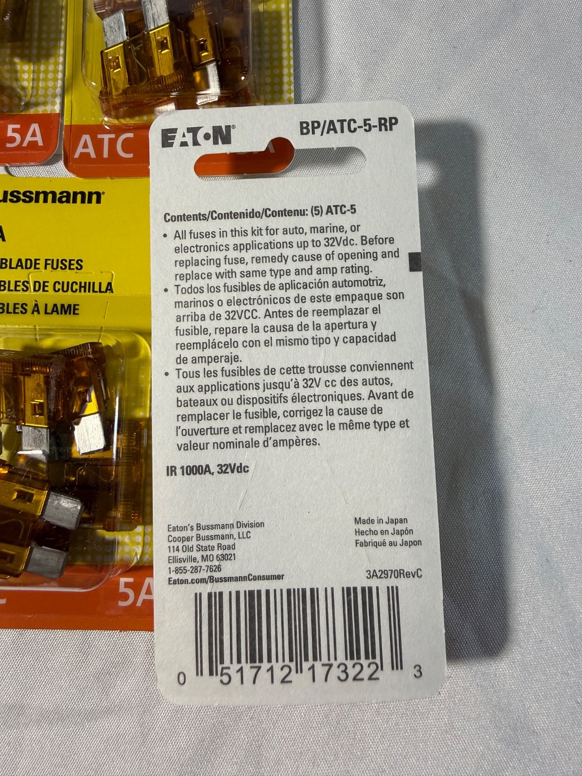 Lot of 5 Packs of 5 Bussmann ATC-5-RP 5 Amp Blade Fuses