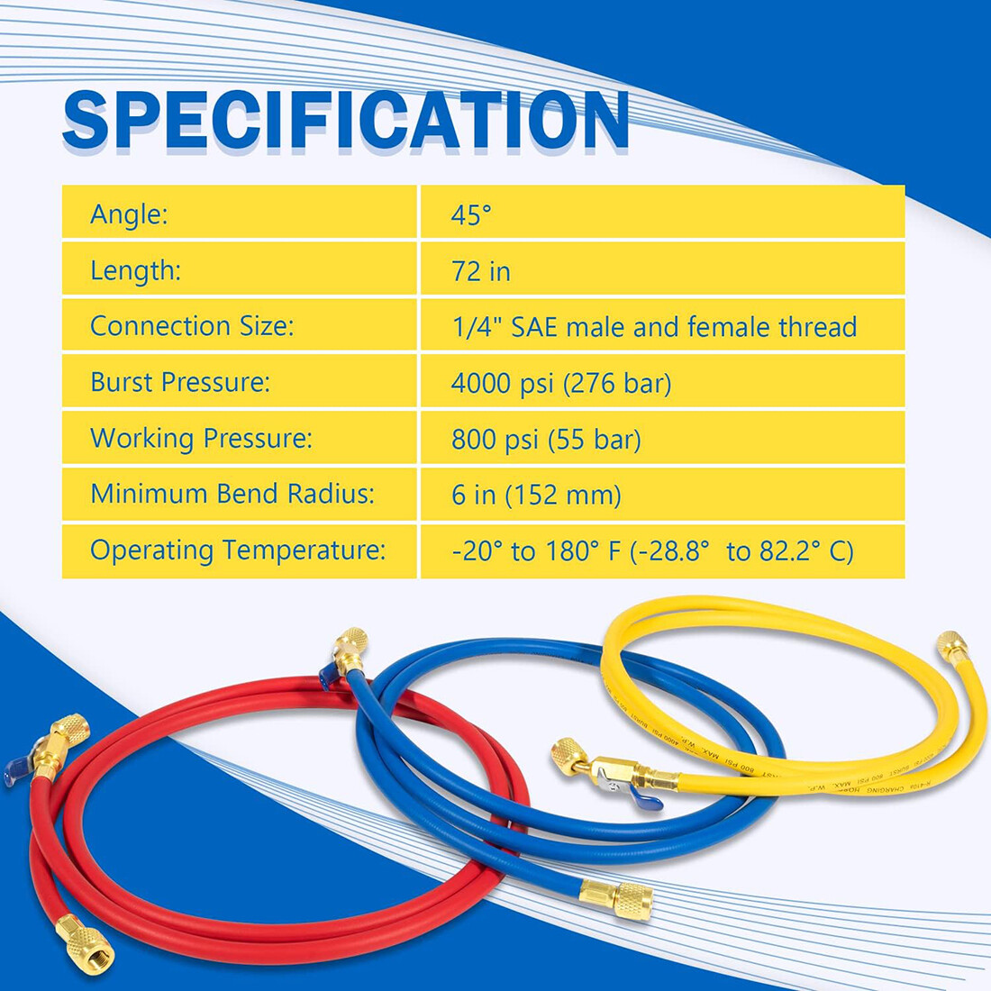3 Pack 29986 Plus II 1/4″ Red Blue Yellow Charging Hose Compact Ball Valve 72″