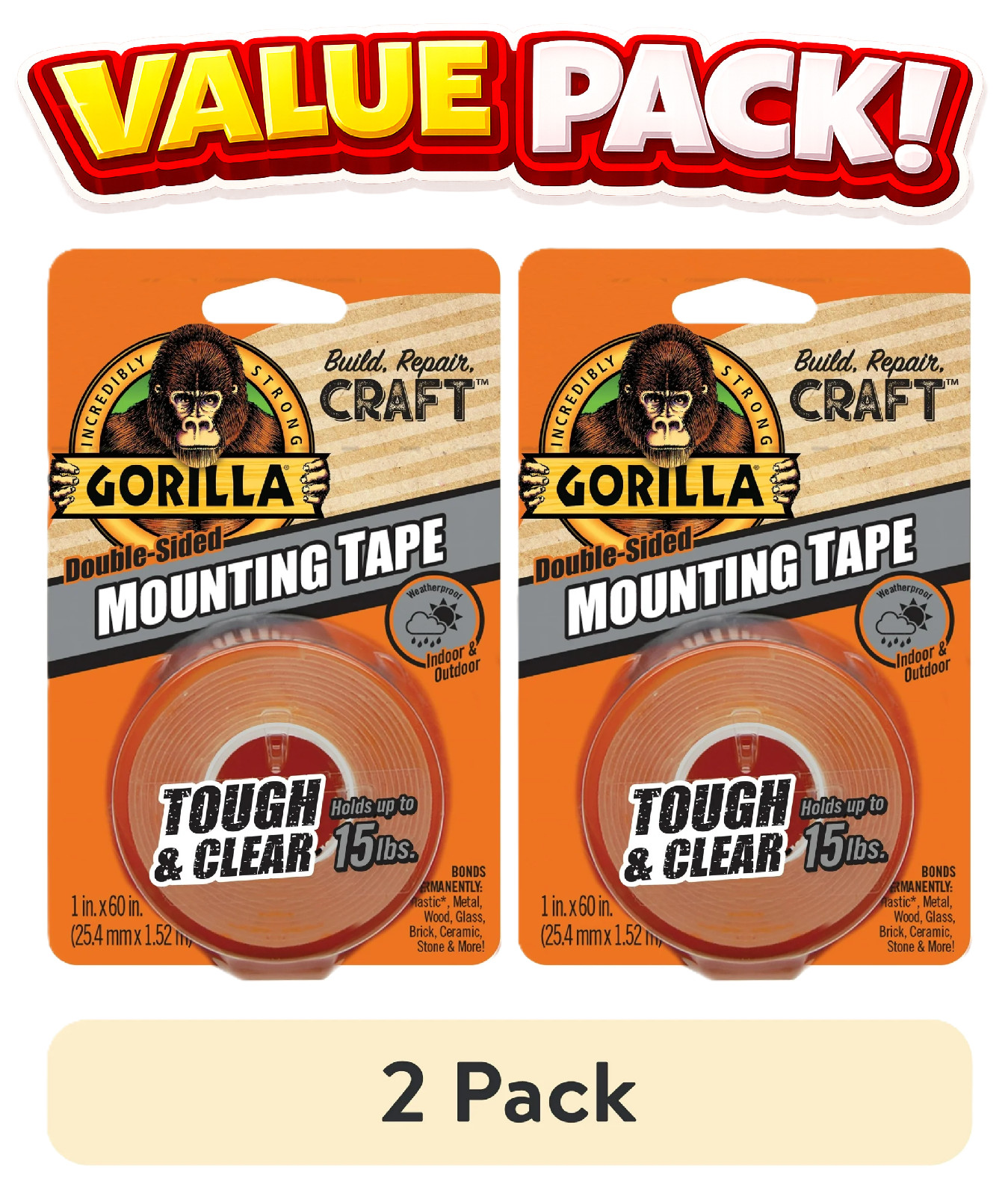 (2 pack) Gorilla Tough & Clear Double-Sided Mounting Tape, 60″ Roll