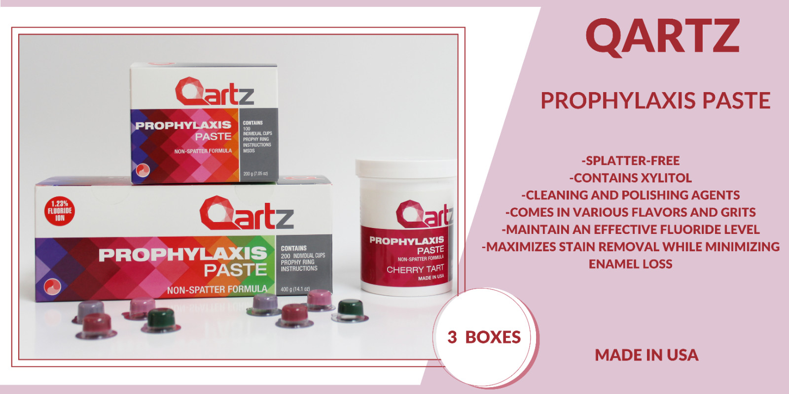 QARTZ PROPHY PASTE CUPS BUBBLE GUM FINE 200/BOX DENTAL W/FLOURIDE – 3 BOXES