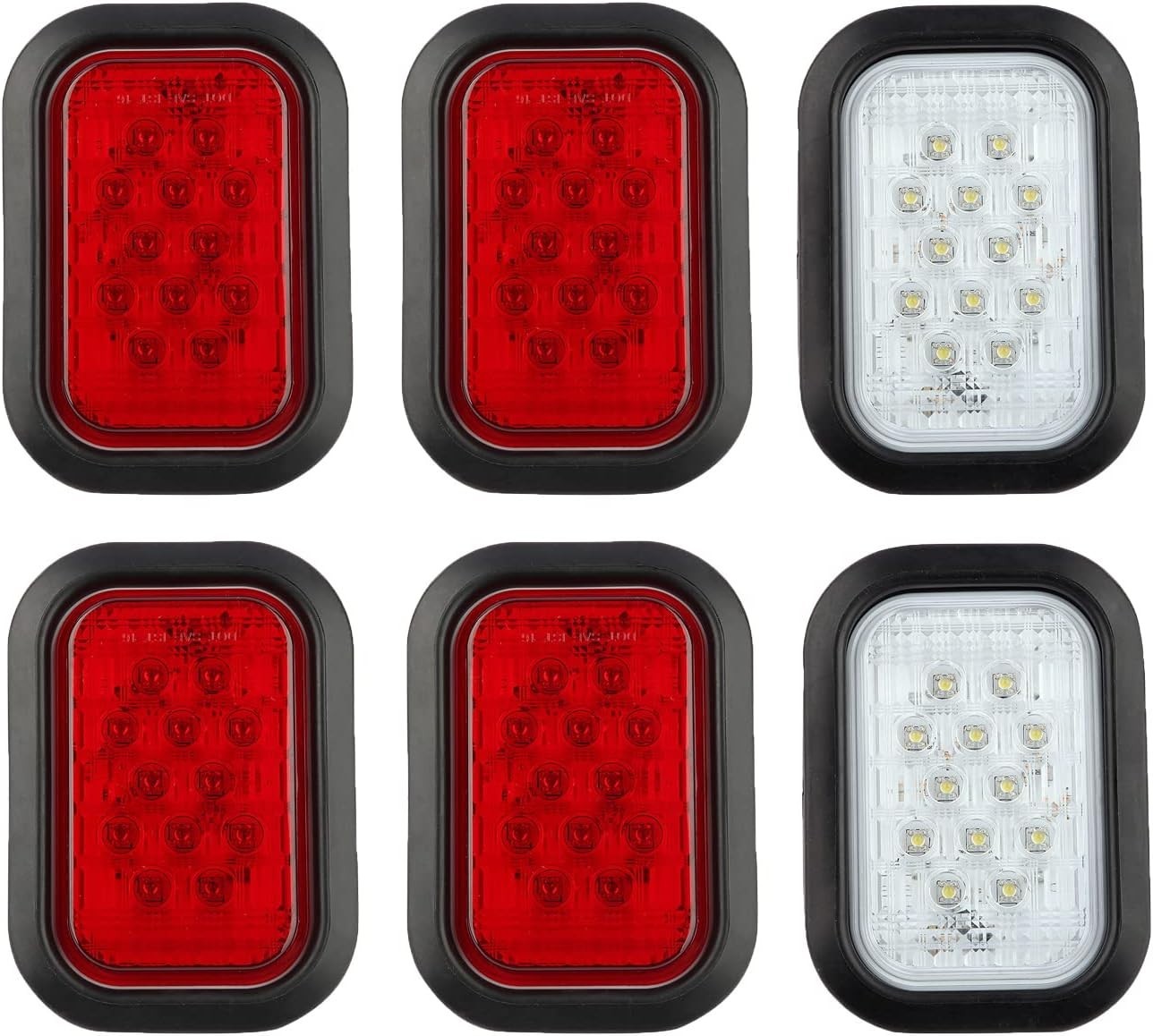 6Pcs 5×3 Rectangle LED Stop/Turn/Tail/Brake & Backup 4 Red + 2 White