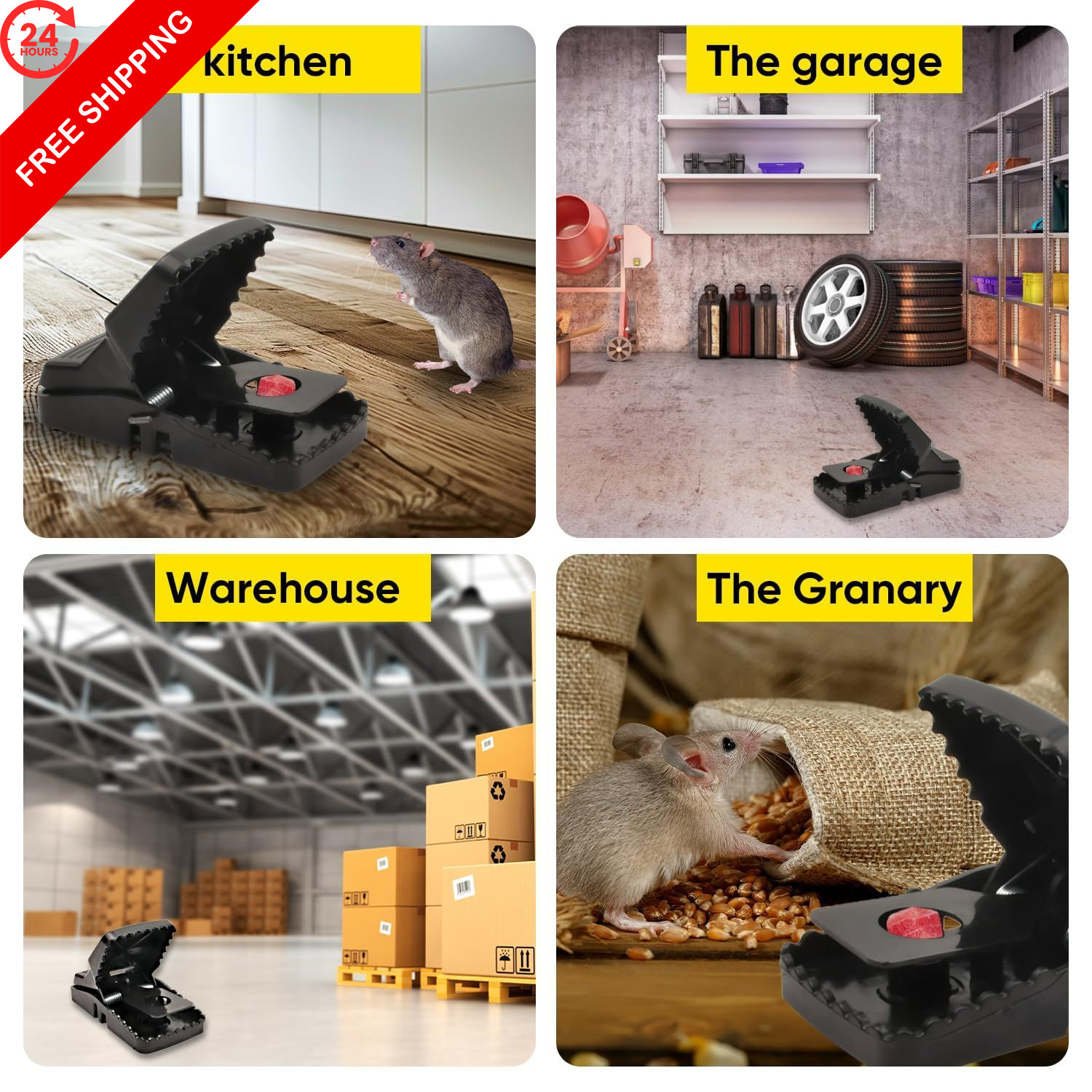Rat Trap 6-Pack, Large Mouse Traps for Indoor and Outdoor Use, Reusable black
