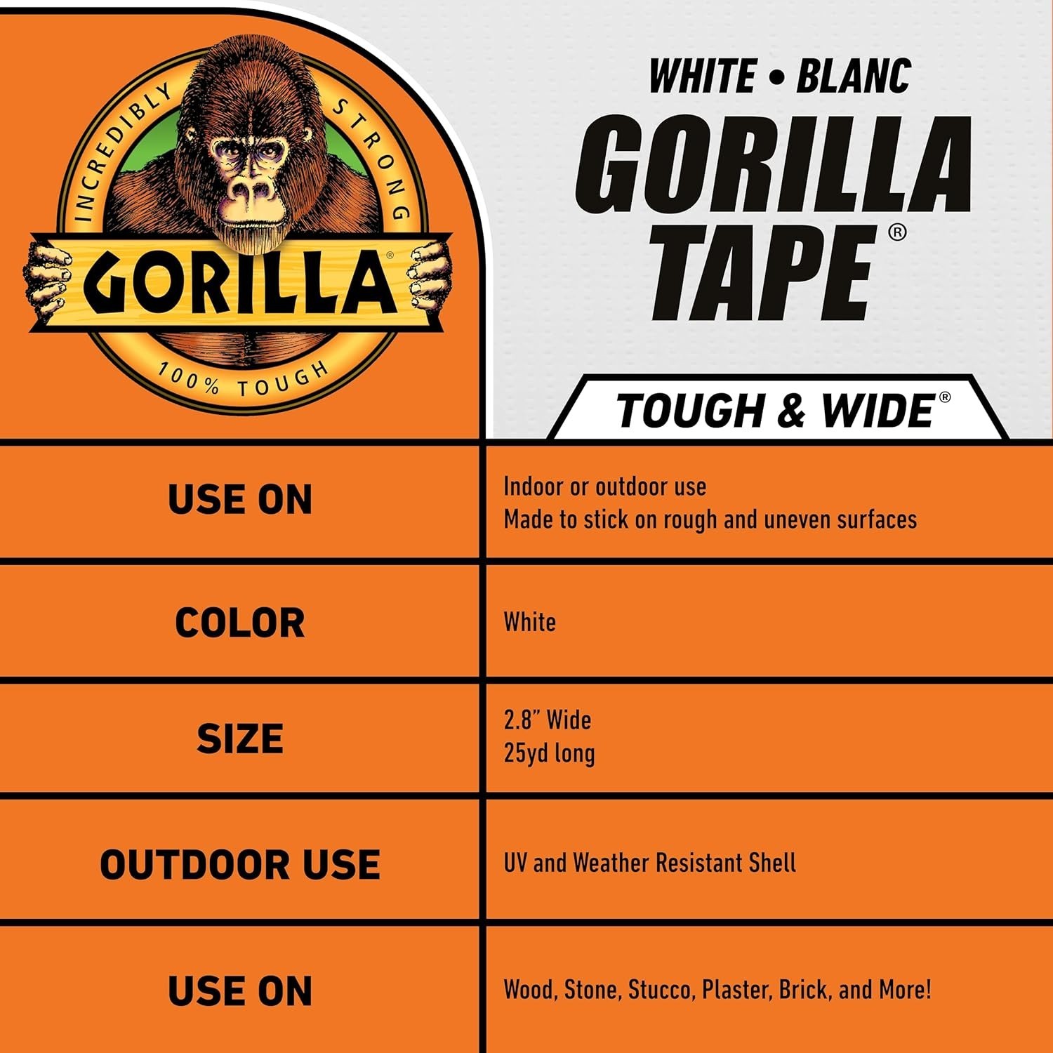 Gorilla Tape Tough & Wide, White Tape, 2.88″ x 25 yd (Pack of 1) – Heavy Duty an
