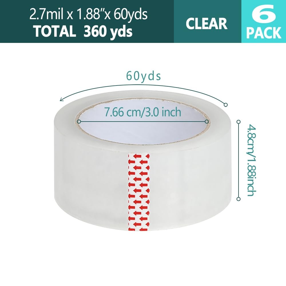 6 Rolls Packing Tape Shipping Packaging Box Sealing Tape w/Refillable Dispenser