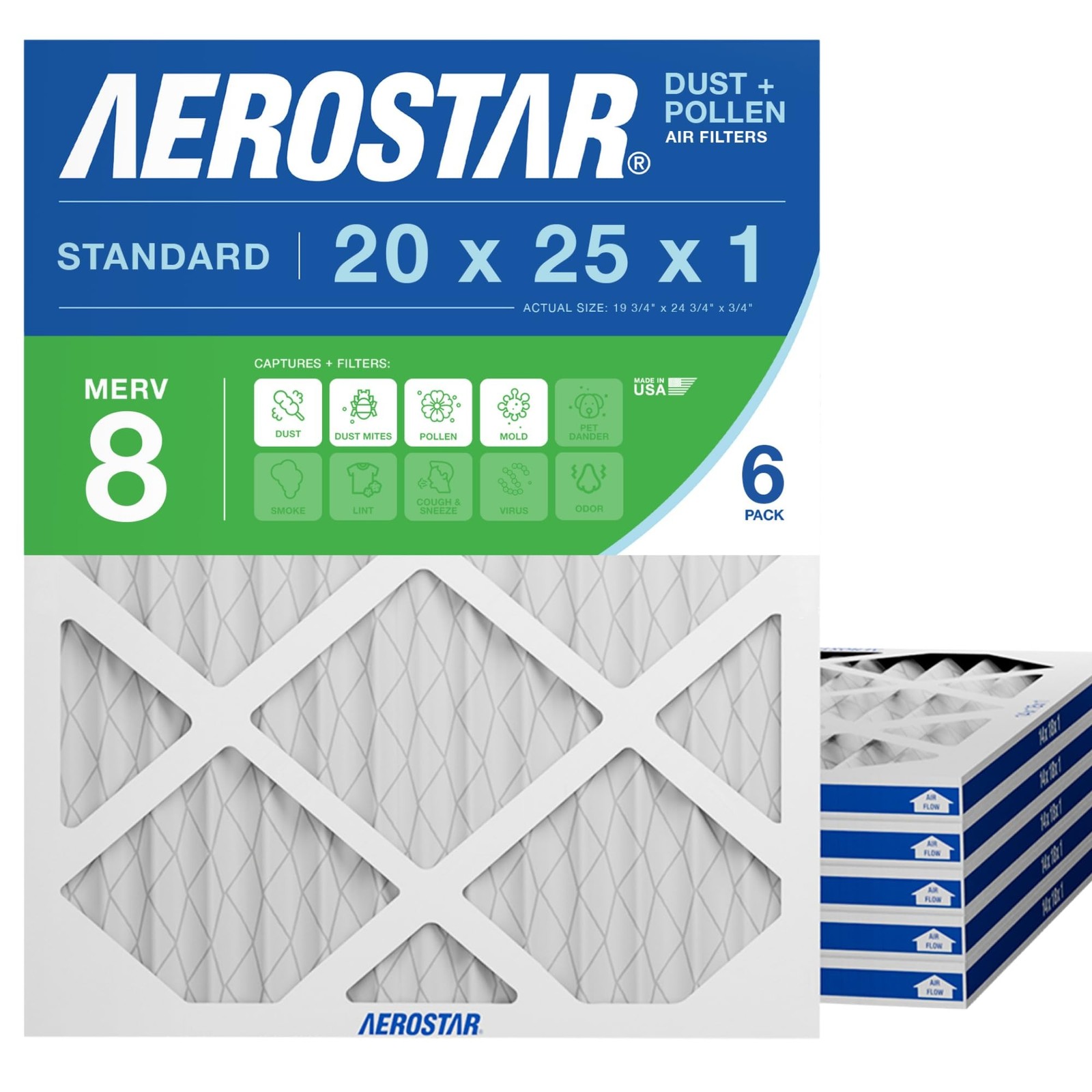 Aerostar 20x25x1 MERV 8 Air Filter, 6 Count, ACTUAL SIZE (19.75 x 24.75 x 0.7…