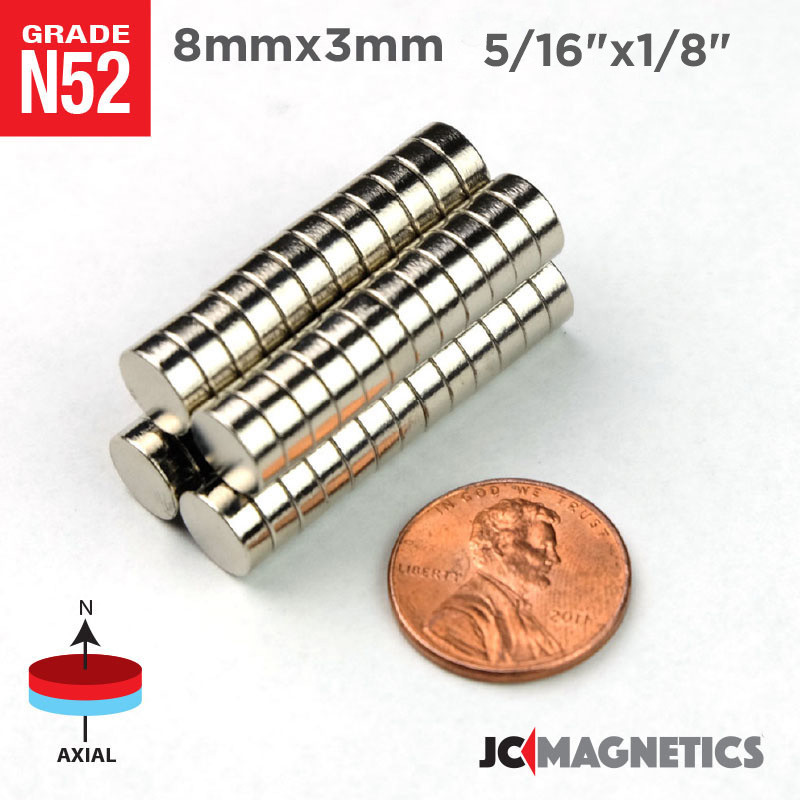 8mm x 3mm 5/16×1/8″ N52 Super Strong Rare Earth Neodymium Magnet Disc 8x3mm