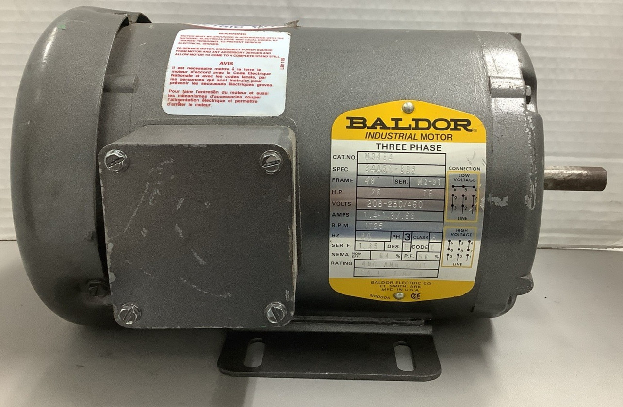 Baldor M3454 Industrial Motor 1/4HP 1725RPM 3-Ph 208-230/460V (R82)