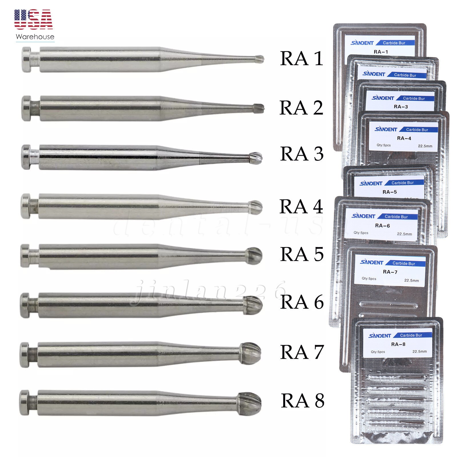 Dental Round Carbide Bur for Slow Speed Latch Type RA 1# -RA 8# Burs 22.5mm