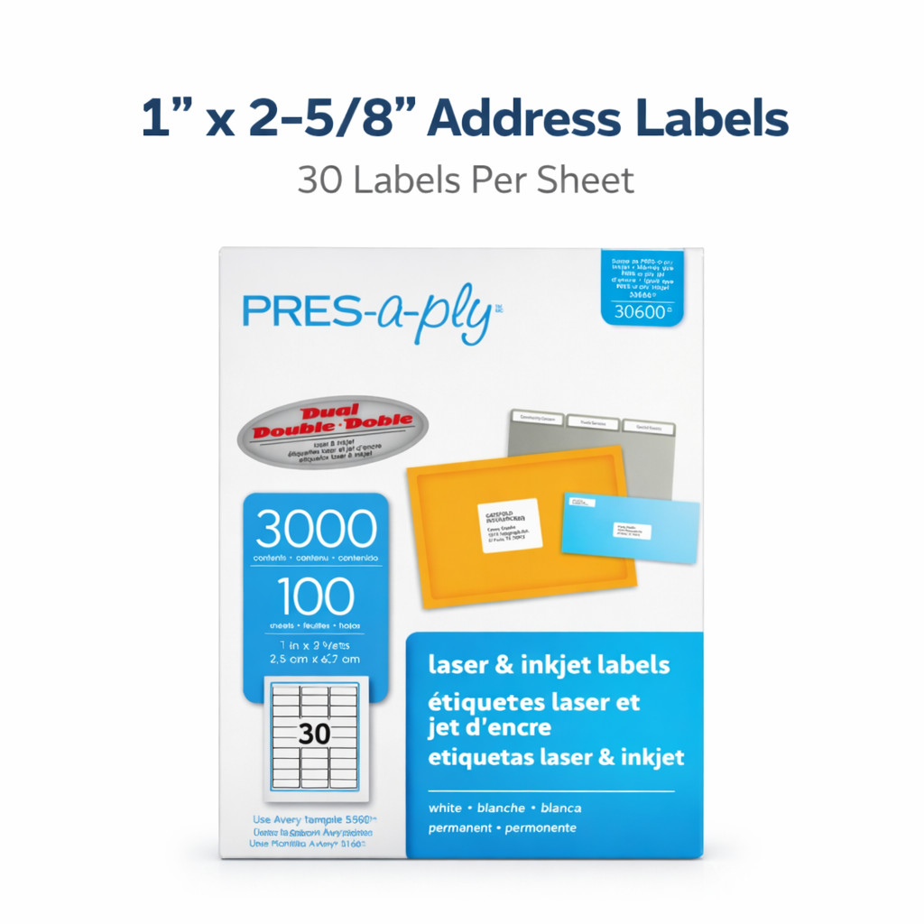 Address Labels 1×2-5/8 White Laser Printer 30 Per Sheet 5160 Compatible