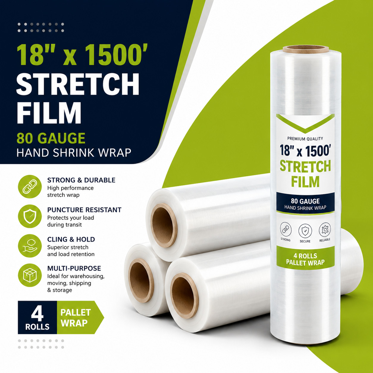 18″ x 1500′ 80 Gauge Stretch Film 4 Rolls Hand Pallet Shrink Wrap 1500 FT