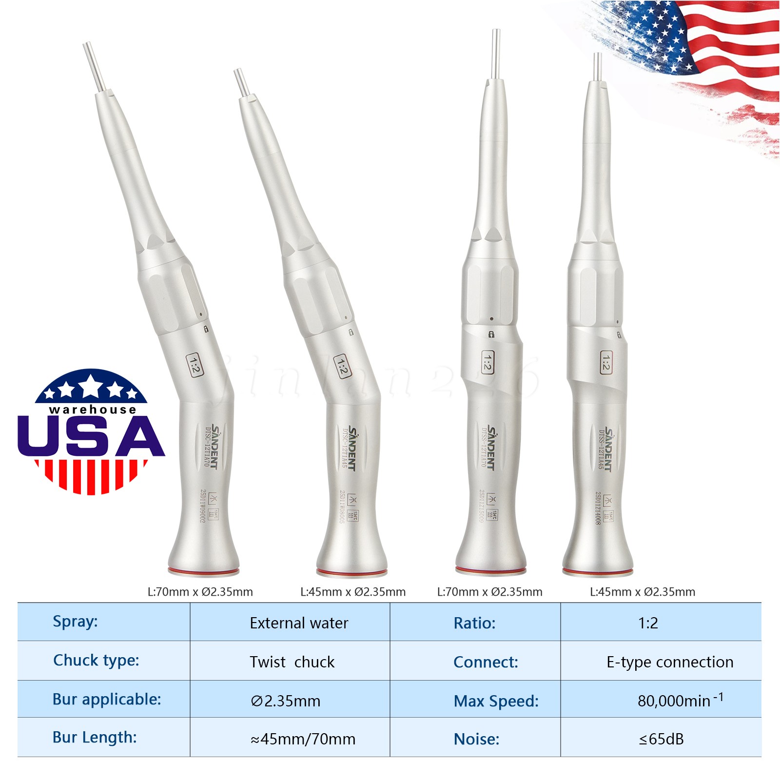 Dental 1:2 Surgical 20º Contra Angle/Straight Handpiece Fit 45mm/70mm