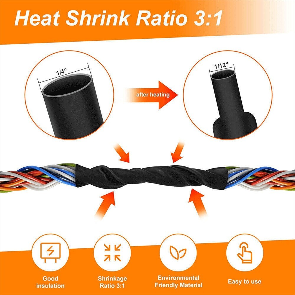 5-100ft Black Φ1/4″ (6.4mm) Heat Shrink Tubing 3:1 Dual Wall Adhesive Glue Lined